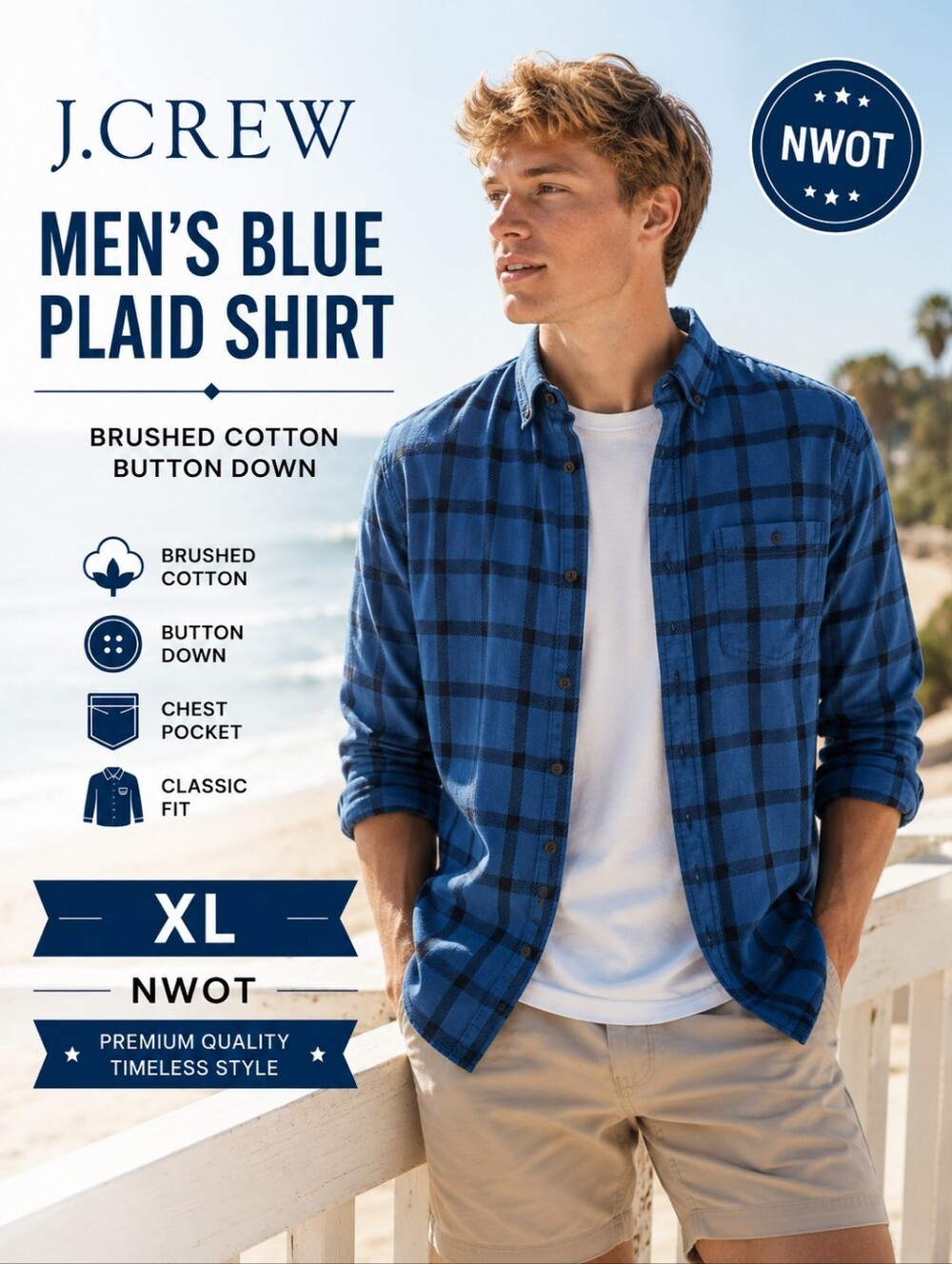 J.Crew Men's Blue Plaid Shirt XL | Brushed Cotton Button Down | NWOT